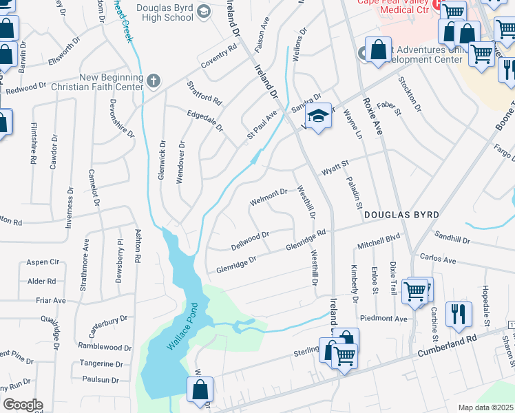 map of restaurants, bars, coffee shops, grocery stores, and more near 4011 Welmont Drive in Fayetteville