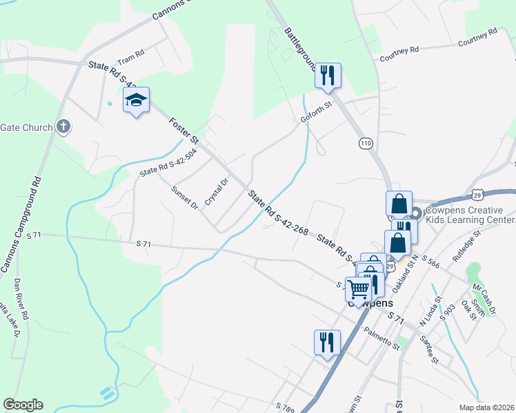 map of restaurants, bars, coffee shops, grocery stores, and more near 203 East Brookwood Lane in Cowpens