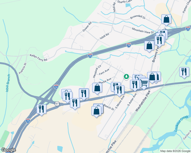 map of restaurants, bars, coffee shops, grocery stores, and more near 112 Fern Avenue in Chattanooga