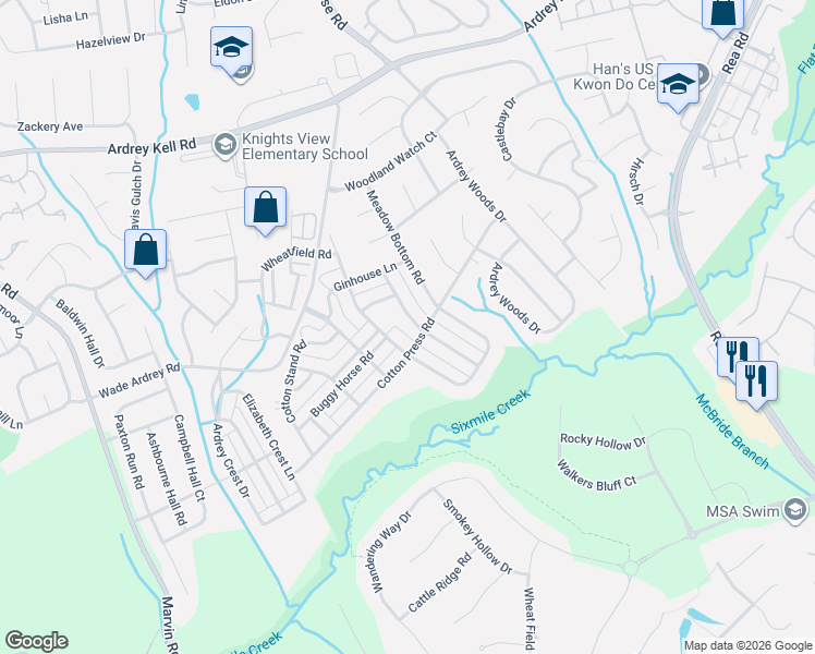map of restaurants, bars, coffee shops, grocery stores, and more near 17018 Hedgerow Park Road in Charlotte