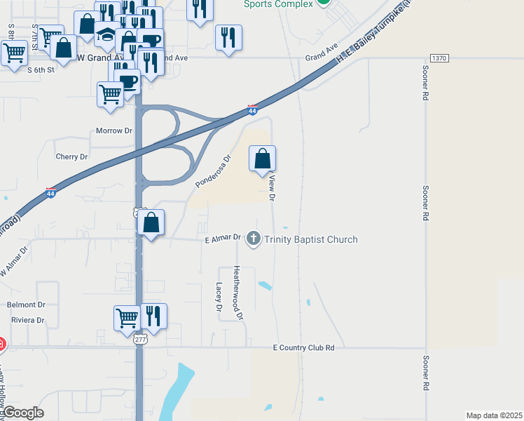 map of restaurants, bars, coffee shops, grocery stores, and more near 2800 Valley View Drive in Chickasha