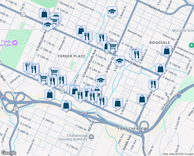map of restaurants, bars, coffee shops, grocery stores, and more near 1810 Mulberry Street in Chattanooga