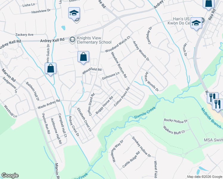 map of restaurants, bars, coffee shops, grocery stores, and more near 17444 Meadow Bottom Road in Charlotte