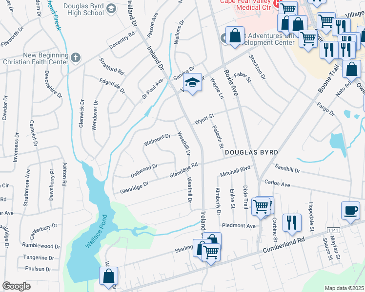 map of restaurants, bars, coffee shops, grocery stores, and more near 1928 Westhill Drive in Fayetteville