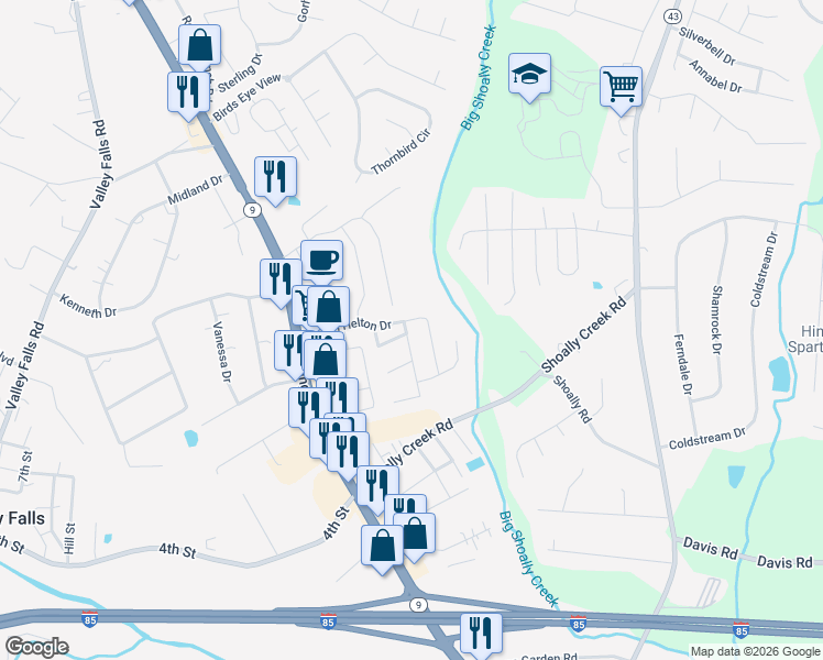 map of restaurants, bars, coffee shops, grocery stores, and more near 342 Robin Helton Drive in Boiling Springs
