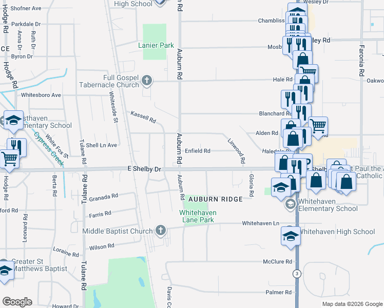 map of restaurants, bars, coffee shops, grocery stores, and more near 885 Enfield Road in Memphis