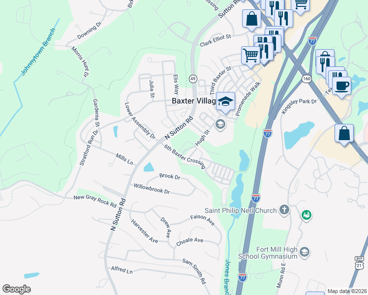 map of restaurants, bars, coffee shops, grocery stores, and more near 229 Hugh Street in Fort Mill