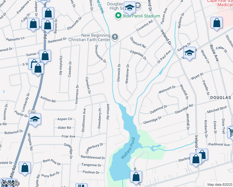 map of restaurants, bars, coffee shops, grocery stores, and more near 1958 Glenwick Drive in Fayetteville