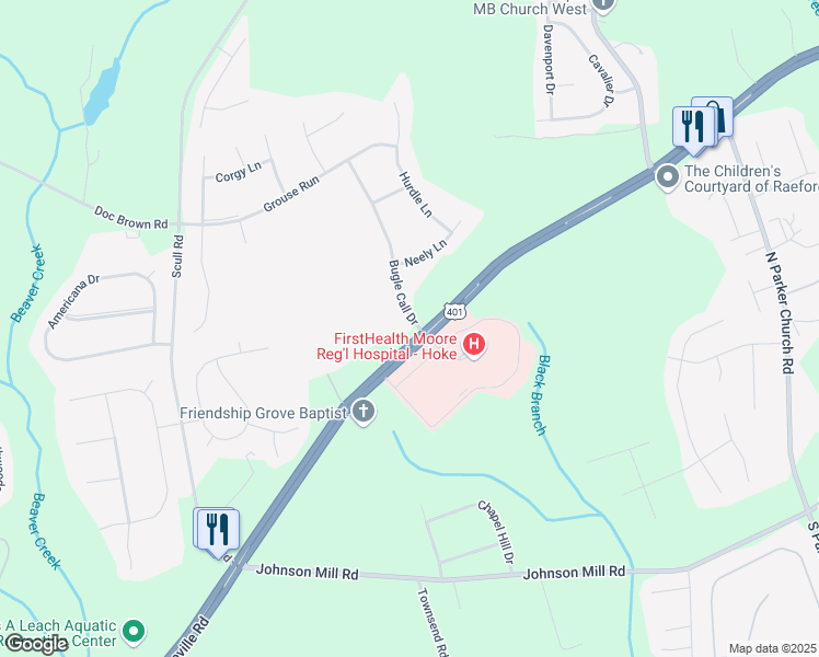 map of restaurants, bars, coffee shops, grocery stores, and more near 105 Bugle Call Drive in Raeford