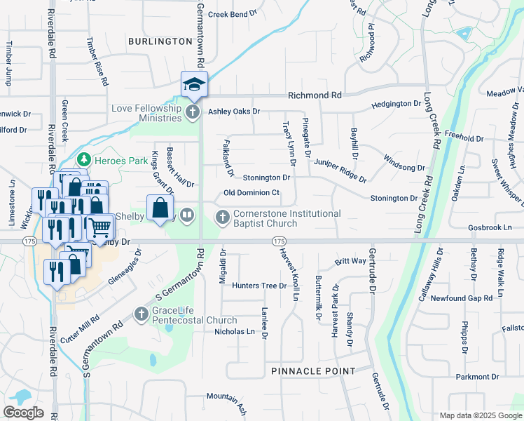 map of restaurants, bars, coffee shops, grocery stores, and more near 7345 Peppermill Lane in Memphis