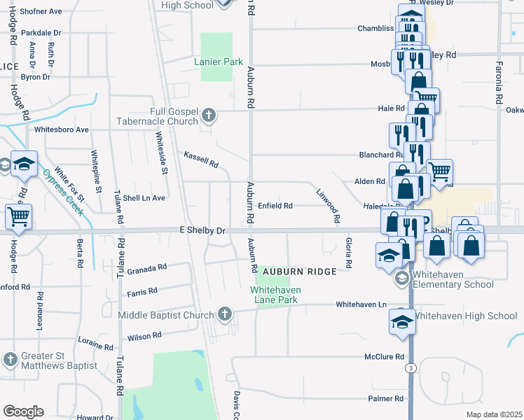 map of restaurants, bars, coffee shops, grocery stores, and more near 885 Enfield Road in Memphis
