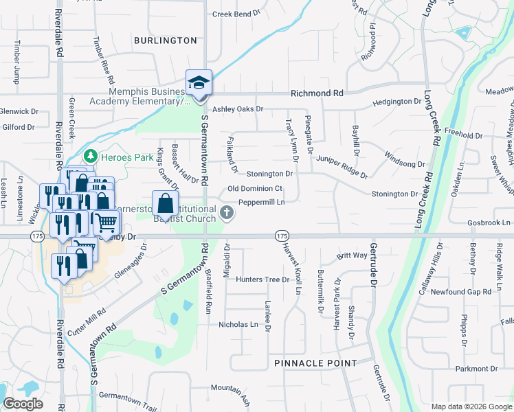 map of restaurants, bars, coffee shops, grocery stores, and more near 7345 Peppermill Lane in Memphis