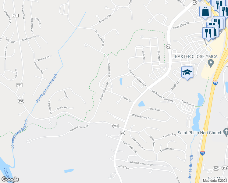 map of restaurants, bars, coffee shops, grocery stores, and more near 904 Gardenia Street in Fort Mill