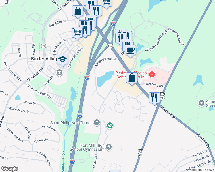 map of restaurants, bars, coffee shops, grocery stores, and more near 481 Munn Road East in Fort Mill