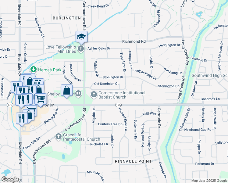 map of restaurants, bars, coffee shops, grocery stores, and more near 7345 Peppermill Lane in Memphis