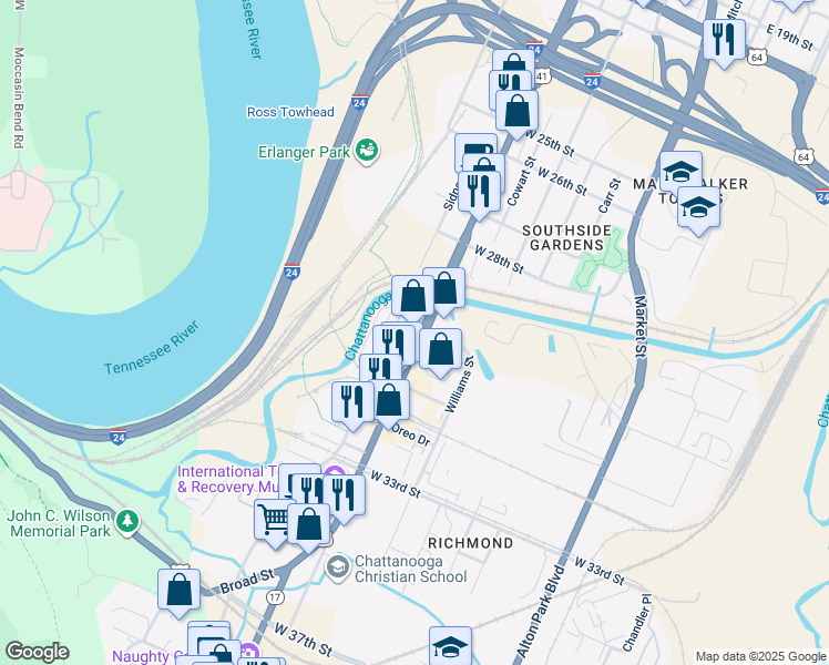 map of restaurants, bars, coffee shops, grocery stores, and more near 3069 Broad Street in Chattanooga