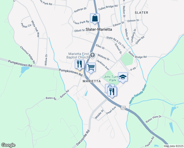 map of restaurants, bars, coffee shops, grocery stores, and more near 2920 Stroud Hospital Road in Slater-Marietta