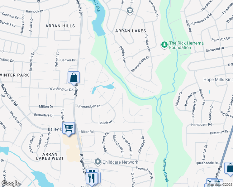 map of restaurants, bars, coffee shops, grocery stores, and more near 5721 Shenandoah Drive in Fayetteville