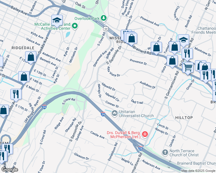 map of restaurants, bars, coffee shops, grocery stores, and more near 3223 Idlewild Drive in Chattanooga