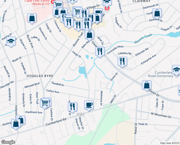 map of restaurants, bars, coffee shops, grocery stores, and more near 2125 Fargo Drive in Fayetteville