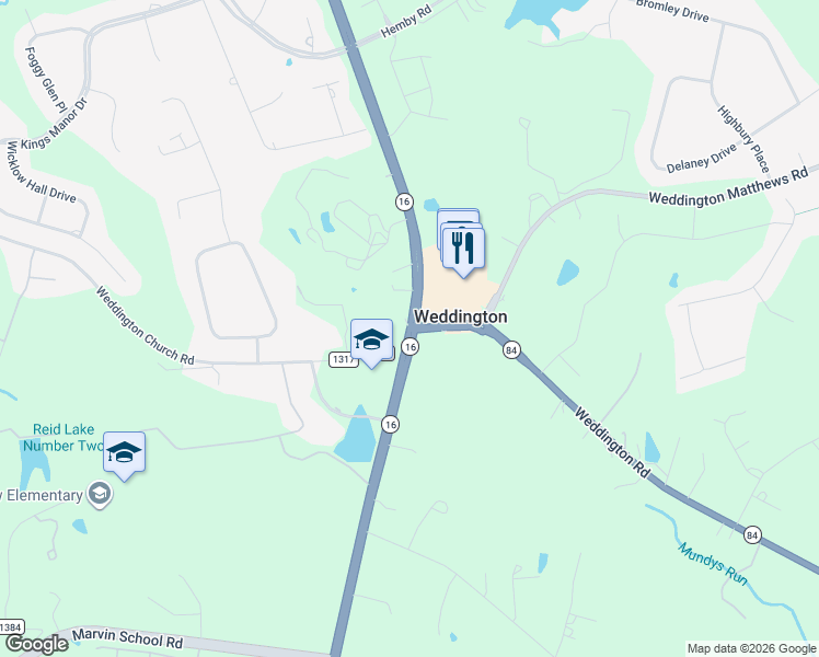 map of restaurants, bars, coffee shops, grocery stores, and more near 13900 Providence Road in Weddington