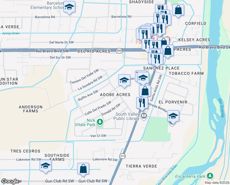 map of restaurants, bars, coffee shops, grocery stores, and more near 1724 Camino Del Valle Southwest in Albuquerque