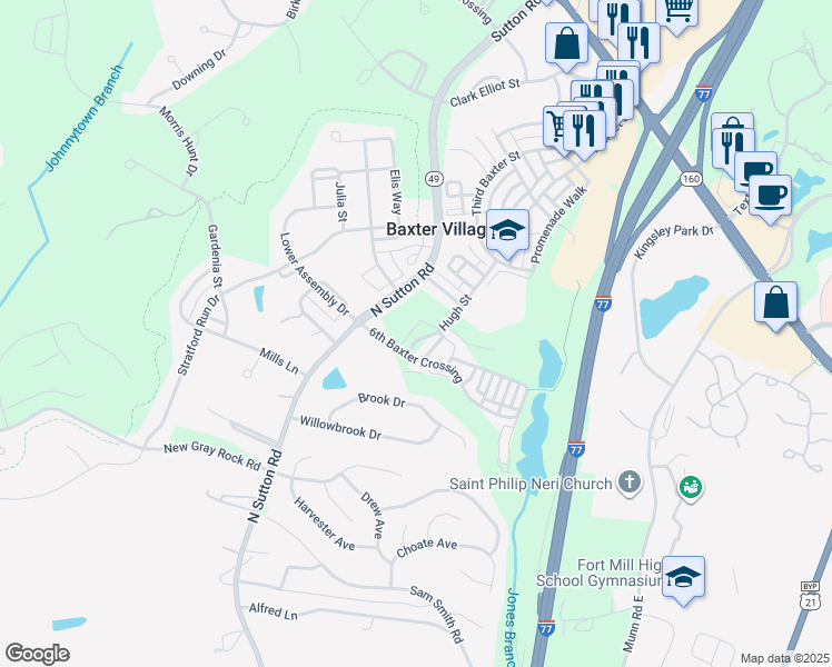 map of restaurants, bars, coffee shops, grocery stores, and more near 229 Hugh Street in Fort Mill