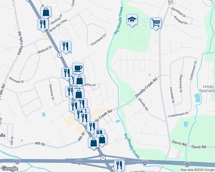 map of restaurants, bars, coffee shops, grocery stores, and more near 342 Robin Helton Drive in Boiling Springs