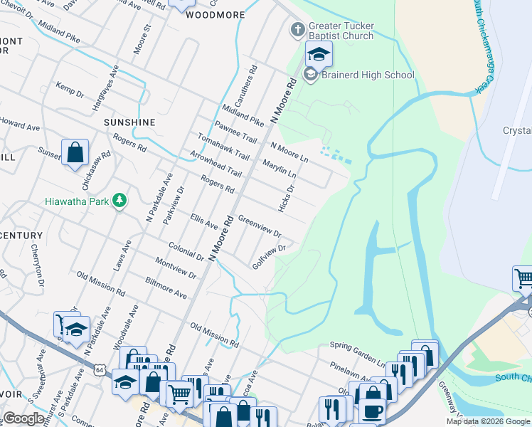 map of restaurants, bars, coffee shops, grocery stores, and more near 4920 Cameron Lane in Chattanooga