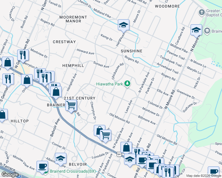 map of restaurants, bars, coffee shops, grocery stores, and more near 4361 Montview Drive in Chattanooga