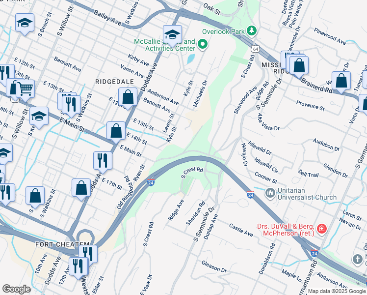map of restaurants, bars, coffee shops, grocery stores, and more near 2897 East Main Street in Chattanooga