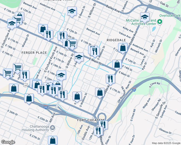 map of restaurants, bars, coffee shops, grocery stores, and more near 1605 South Watkins Street in Chattanooga
