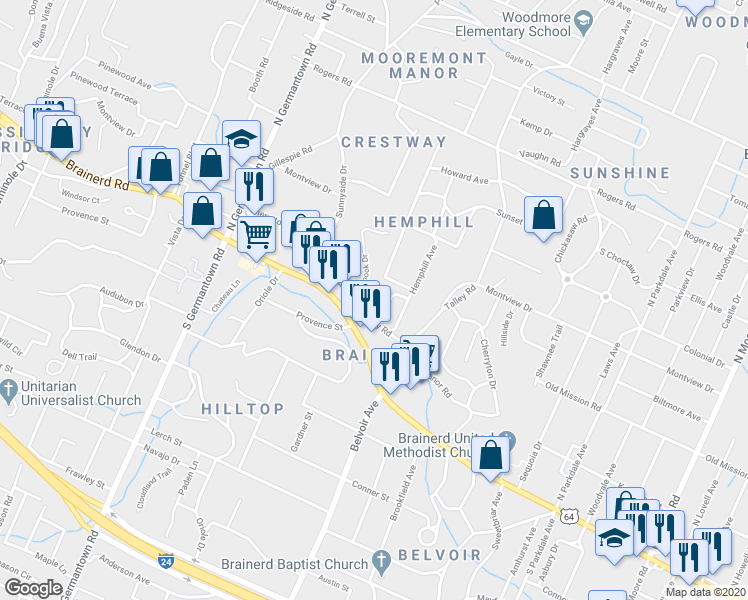 map of restaurants, bars, coffee shops, grocery stores, and more near 3909 Corbley Drive in Chattanooga