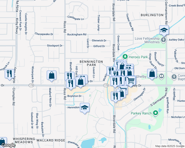 map of restaurants, bars, coffee shops, grocery stores, and more near 4621 Leash Lane in Memphis