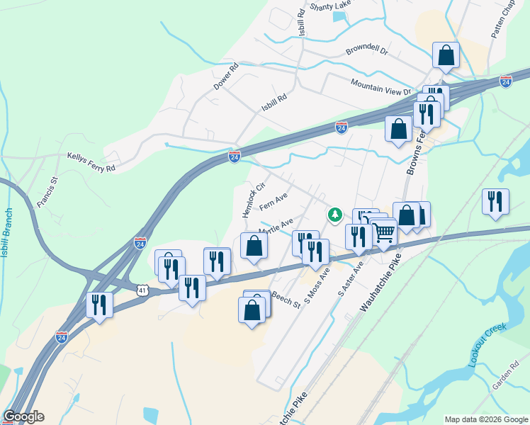 map of restaurants, bars, coffee shops, grocery stores, and more near 112 Fern Avenue in Chattanooga