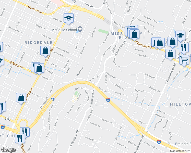 map of restaurants, bars, coffee shops, grocery stores, and more near 415 Sioux Trail in Chattanooga