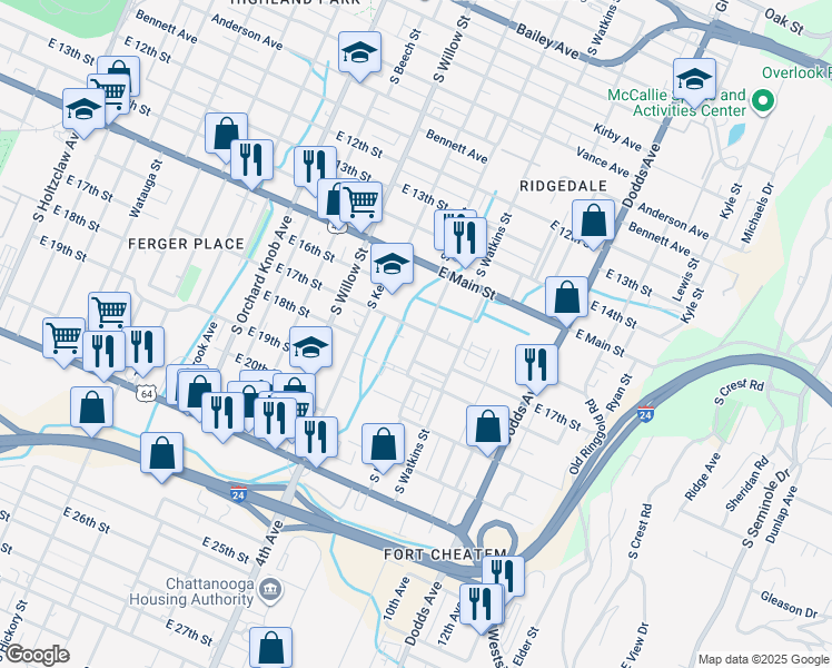 map of restaurants, bars, coffee shops, grocery stores, and more near 1701 South Lyerly Street in Chattanooga