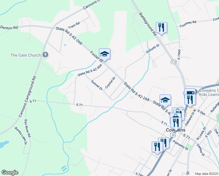 map of restaurants, bars, coffee shops, grocery stores, and more near 134 Crystal Drive in Cowpens