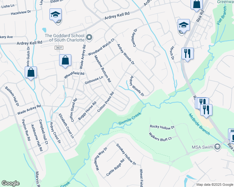 map of restaurants, bars, coffee shops, grocery stores, and more near 17929 Meadow Bottom Road in Charlotte