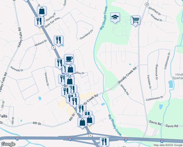 map of restaurants, bars, coffee shops, grocery stores, and more near 342 Robin Helton Drive in Boiling Springs