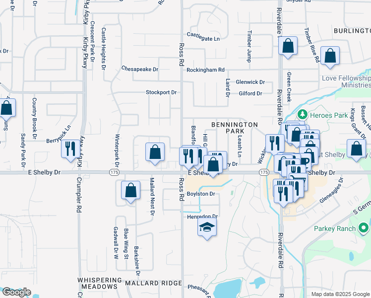 map of restaurants, bars, coffee shops, grocery stores, and more near 4630 Ross Road in Memphis