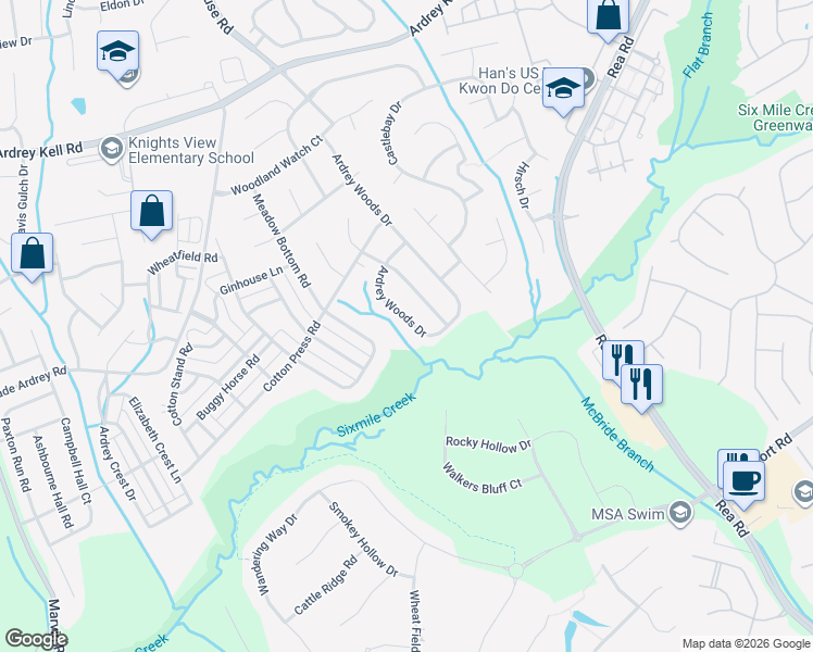 map of restaurants, bars, coffee shops, grocery stores, and more near 9232 Ardrey Woods Drive in Charlotte