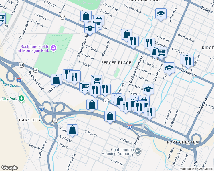map of restaurants, bars, coffee shops, grocery stores, and more near 2001 Tinsley Place in Chattanooga