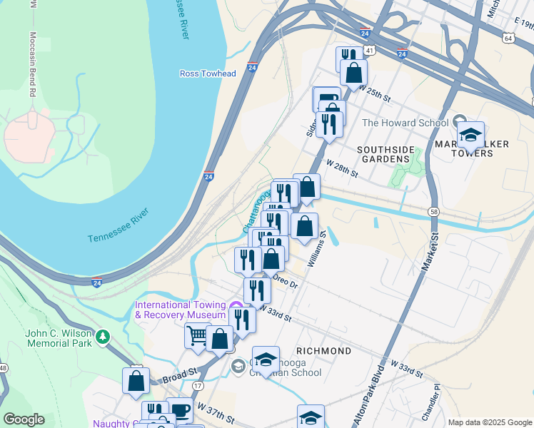 map of restaurants, bars, coffee shops, grocery stores, and more near 1468 Sinclair Avenue in Chattanooga