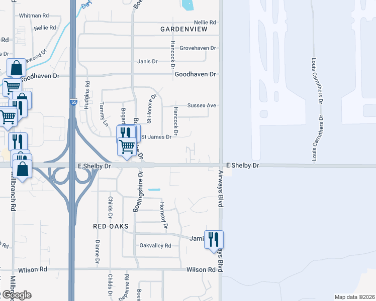 map of restaurants, bars, coffee shops, grocery stores, and more near 2146 East Shelby Drive in Memphis