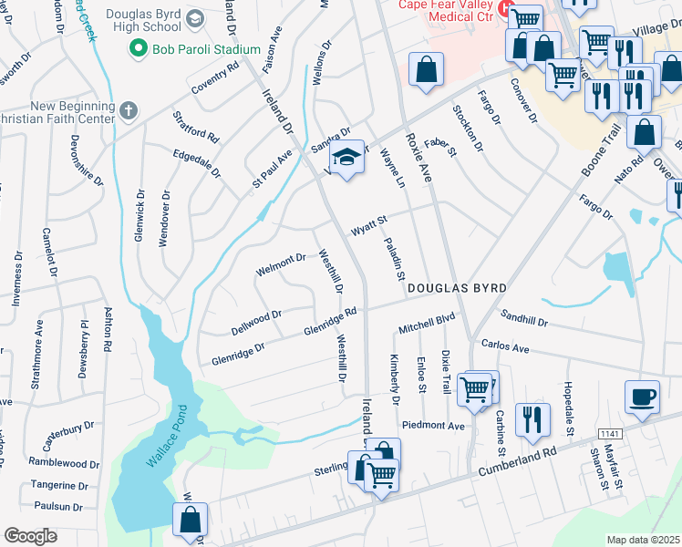 map of restaurants, bars, coffee shops, grocery stores, and more near 1928 Westhill Drive in Fayetteville