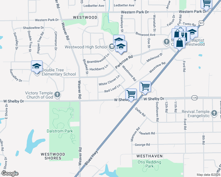 map of restaurants, bars, coffee shops, grocery stores, and more near 834 Red Leaf Lane in Memphis