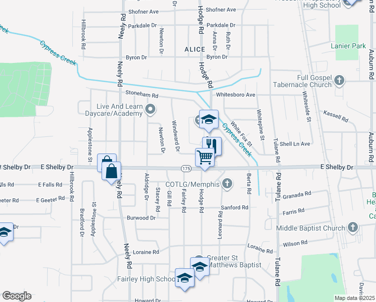 map of restaurants, bars, coffee shops, grocery stores, and more near 4622 Windward Drive in Memphis