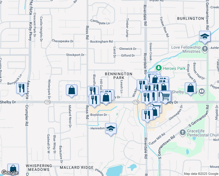 map of restaurants, bars, coffee shops, grocery stores, and more near 4628 Chelwood Drive in Memphis