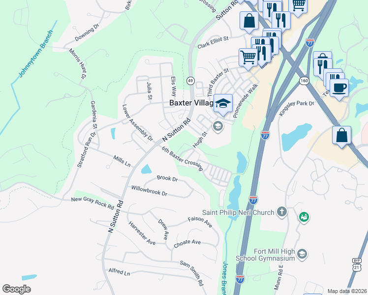 map of restaurants, bars, coffee shops, grocery stores, and more near 229 Hugh Street in Fort Mill